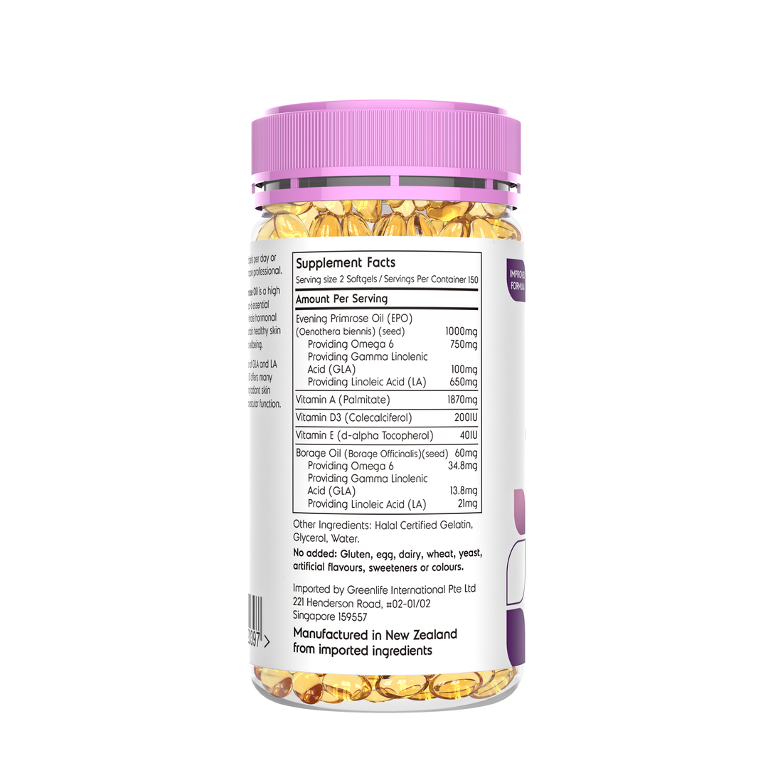 Evening Primrose Oil with Vitamin A, E, D3 + Borage Oil (300 mini softgels)