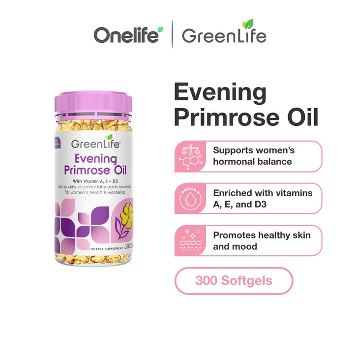 Evening Primrose Oil with Vitamin A, E, D3 + Borage Oil (300 mini softgels)